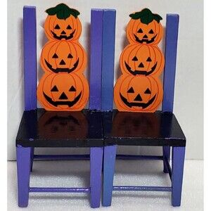Mini Wooden Chairs w/ Stacked Pumpkins – Fall Decor – 6.5" Tall – Set of 2